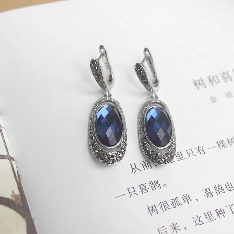 sengpan Oval Crystal Earrings With Blue Stone Retro Style Ear Drop Black Rhinestone Vintage Jewelry Wholesale