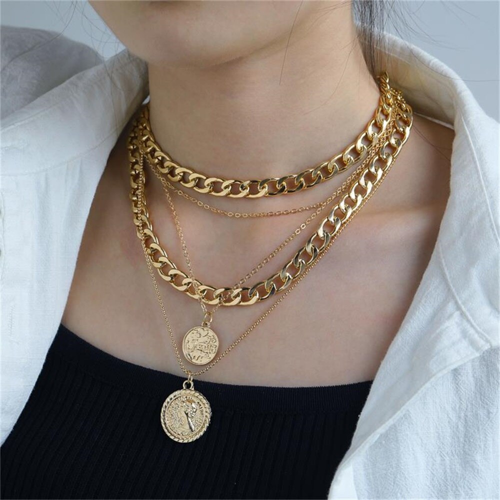 sengpan hot sale new Fashion Multi-layered Snake Chain Necklace For Women Vintage Gold Coin Pearl Choker Sweater Necklace Party Jewelry Gift