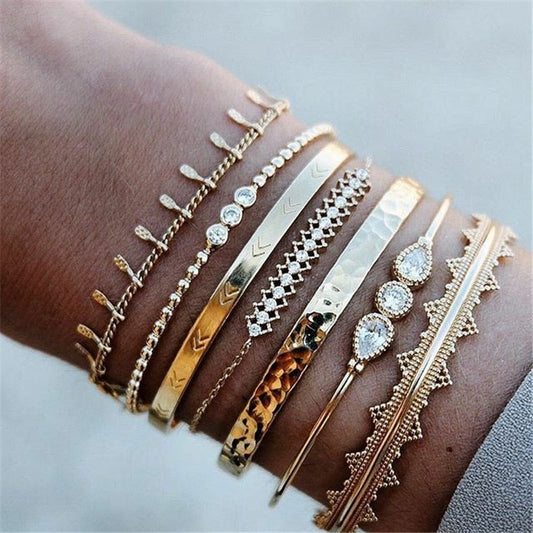 sengpan gifts for her 7Pcs/Set Women Fashion Gold Color Crystal Geometry Bangles Set Boho Bracelet Vintage Beach Jewelry Accessories Lover Gifts New