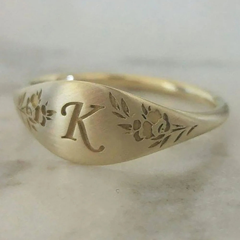 sengpan  Fashion Personality Letter K Carved Flower Ring Jewelry for Women Personality Name Initials for Mother Girlfriend Finger Ring