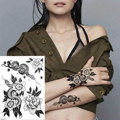 sengpan Black Flower Rose Waterproof Temporary Bird Snake Sexy Body Arm Leg Gem Henna Tattoo Fashion Big Fake Sleeve Sticker