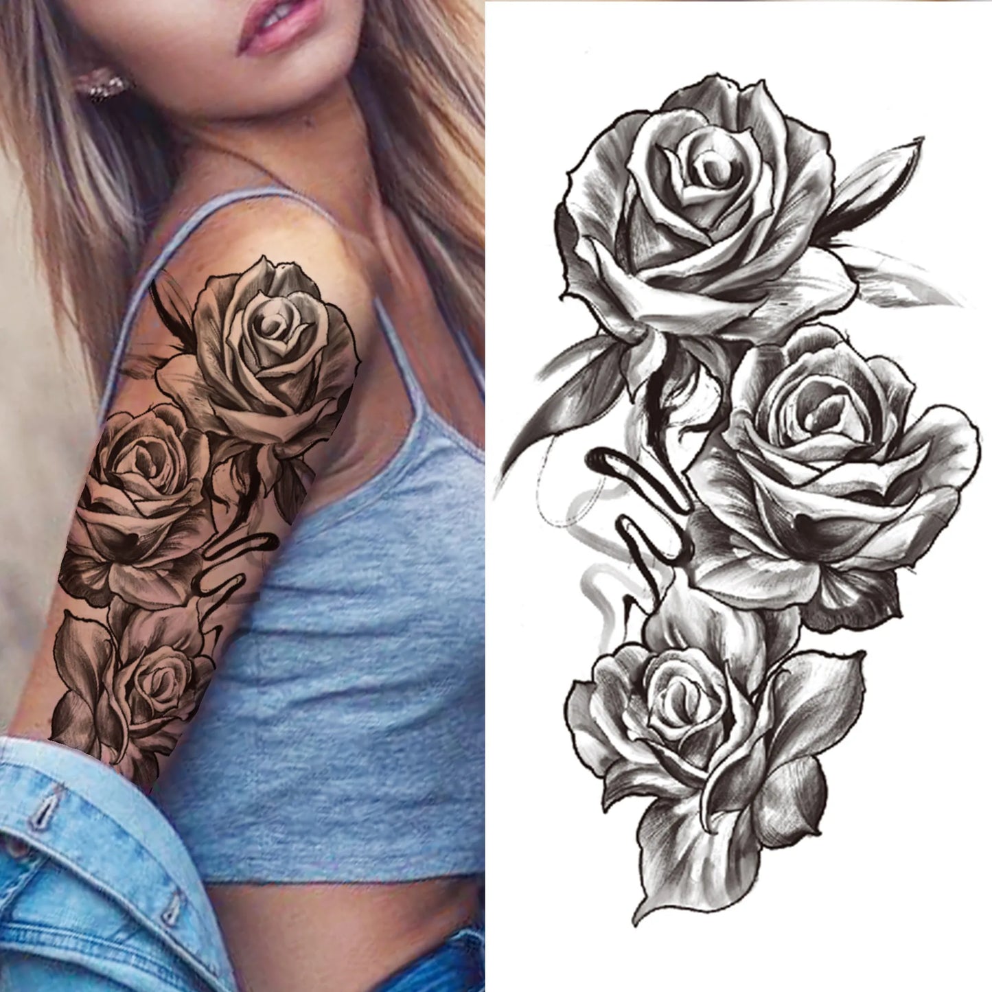 sengpan Death Skull Flower Temporary Tattoo For Women Girls Snake Bird Peony Tattoo Sticker Black Fake Blossom Sexy Tatoo Transfer Adult