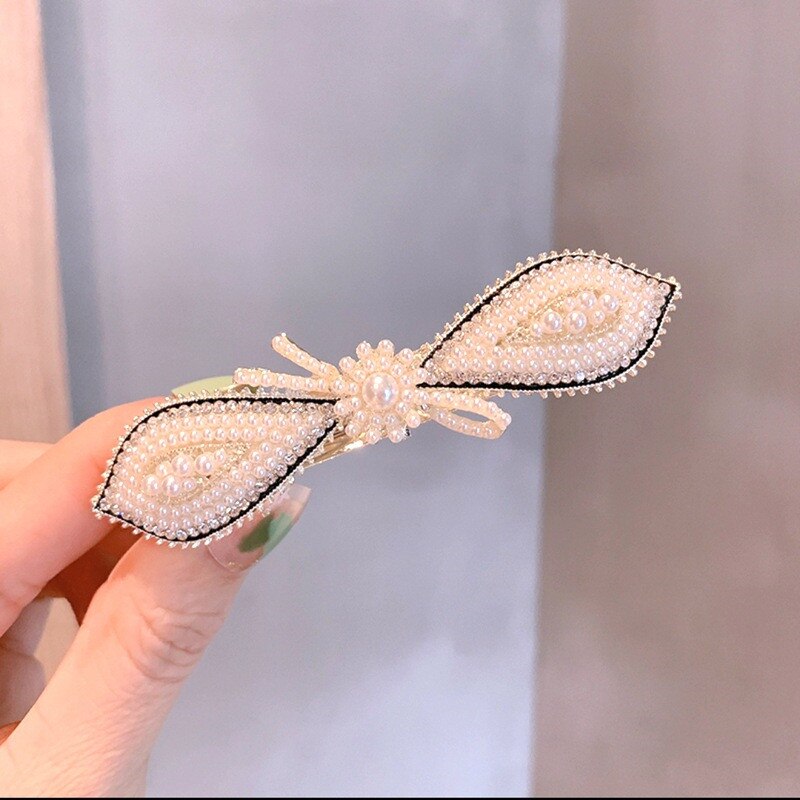 sengpan Barrette for Women Girl Hair Accessories Fashion Alloy Rhinestone Pearl Bow Knot Hair Clip Hairpin Wholesale