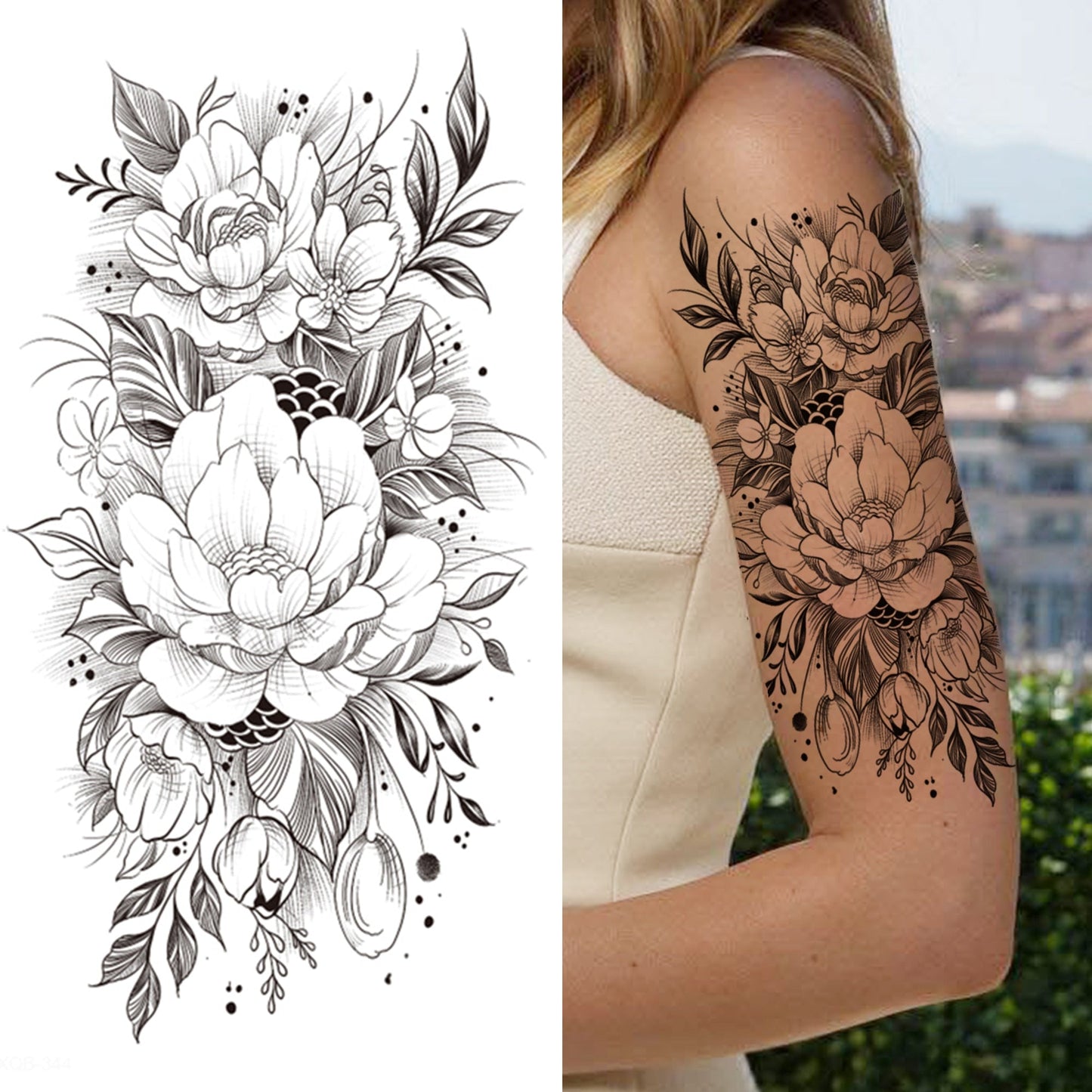 sengpan Black 3D Rose Temporary Tattoo For Women Girls Adult Peony Dahlia Flower Tattoos Sticker Black Flora Glory Geometric Arm Tatoos