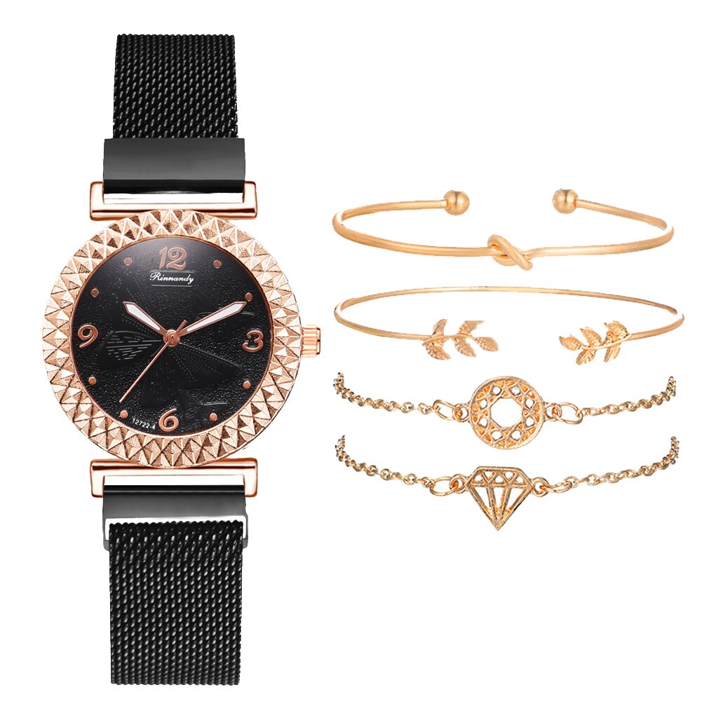 sengpan christmas wishlist valentines day gifts hot sale new Fashion 5pcs Set Bracelet Watch For Women Magnetic Buckle Butterfly Pattern Elegant Pink Ladies Wrist Watch Set Relogio Feminino