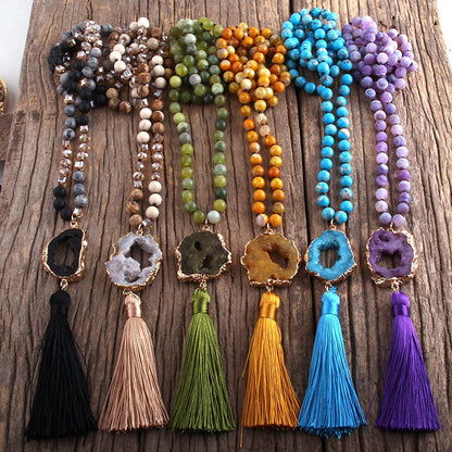 sengpan Fashion Bohemian Jewelry Semi Precious Stones Knotted Druzy Stone Links Tassel Necklaces For Women Boho Necklace