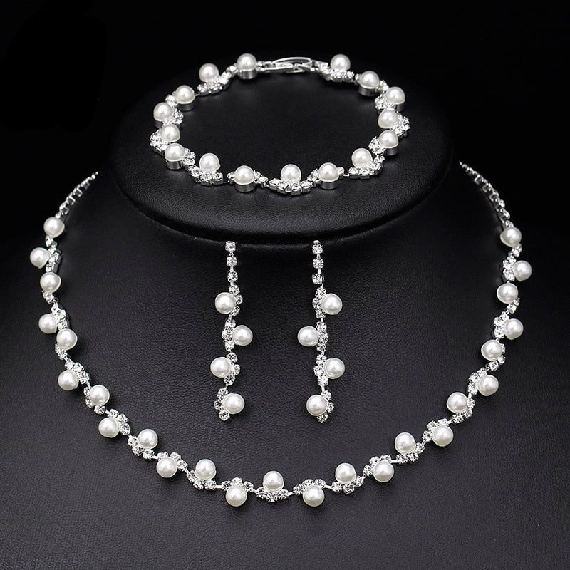 sengpan Silver Color Rhinestone Crystal Bridal Jewelry Sets for Women Necklace Earrings Bracelet Set Wedding Jewelry Accessories