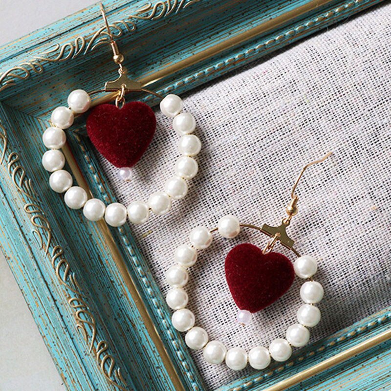 sengpan Christmas gifts ideas Red Style Charm Circle Pearl Drop Earrings Love Heart Bow Earrings For Women Girls Party Gift Korean Fashion Wedding Jewelry