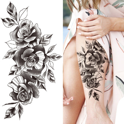 sengpan Black 3D Rose Temporary Tattoo For Women Girls Adult Peony Dahlia Flower Tattoos Sticker Black Flora Glory Geometric Arm Tatoos