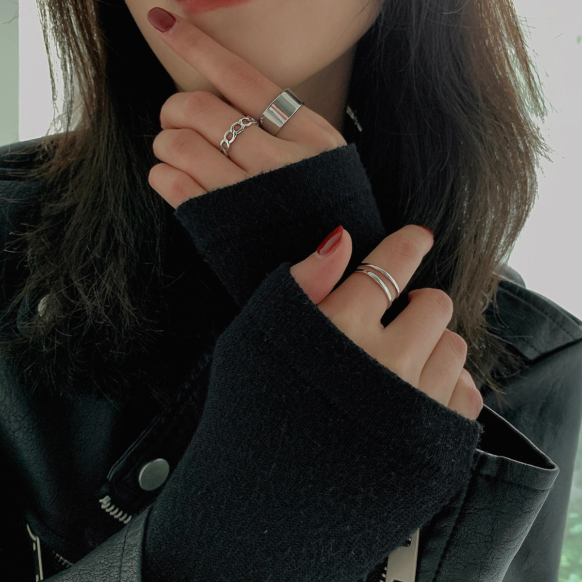 sengpan Fashion Circular Punk Silver Color Joint Rings Set for Women Opening Index Finger Accessories Hiphop/Rock Metal Ring