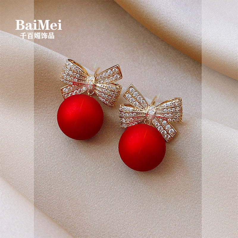 sengpan Christmas gifts ideas Fashion Christmas Stud Earrings for Women Girl Red Pearl Crystal Bowknot Earrings Jewelry Drop Shipping Gift