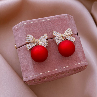 sengpan Christmas gifts ideas Fashion Christmas Stud Earrings for Women Girl Red Pearl Crystal Bowknot Earrings Jewelry Drop Shipping Gift