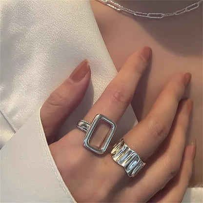 sengpan European Silver Color Metal Transparent Rectangular Wave Ring Irregular Geometric Open Finger Rings for Wome Fashion Jewelry