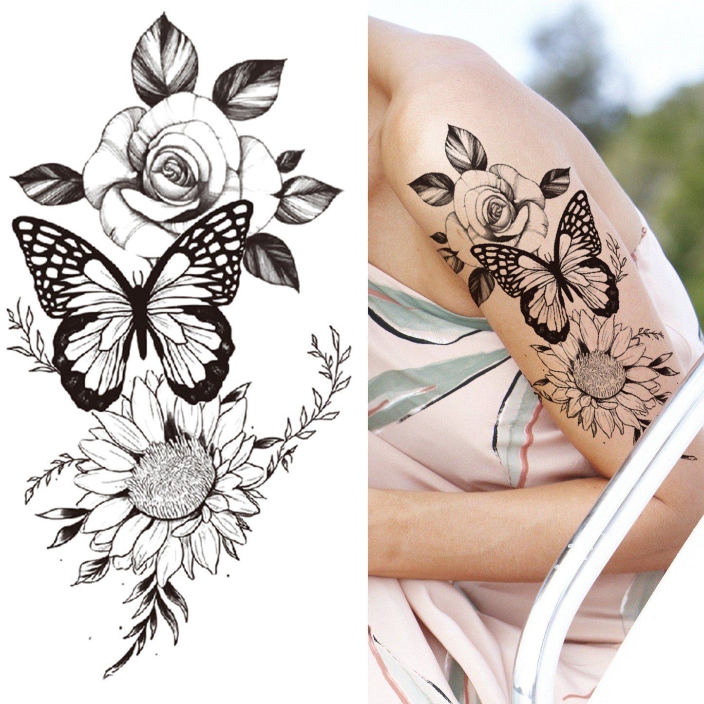 sengpan Black 3D Rose Temporary Tattoo For Women Girls Adult Peony Dahlia Flower Tattoos Sticker Black Flora Glory Geometric Arm Tatoos