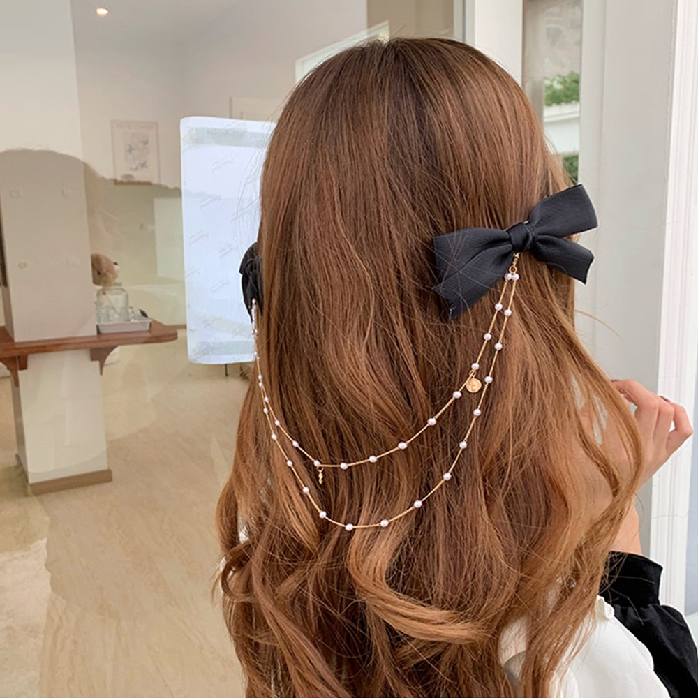 sengpan New Bow Pearls Chain Barrettes Hairpins For Women Rhinestone Spring Hair Clips Ribbon Headband Ponytail Hair Accessories