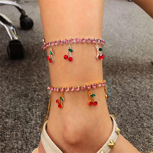 sengpan easter gifts for women Boho Anklet Foot Pink-Crystal Chain Summer Bracelet Crystal Cherry Charm Sandals Barefoot Beach Foot Bridal Jewelry A018