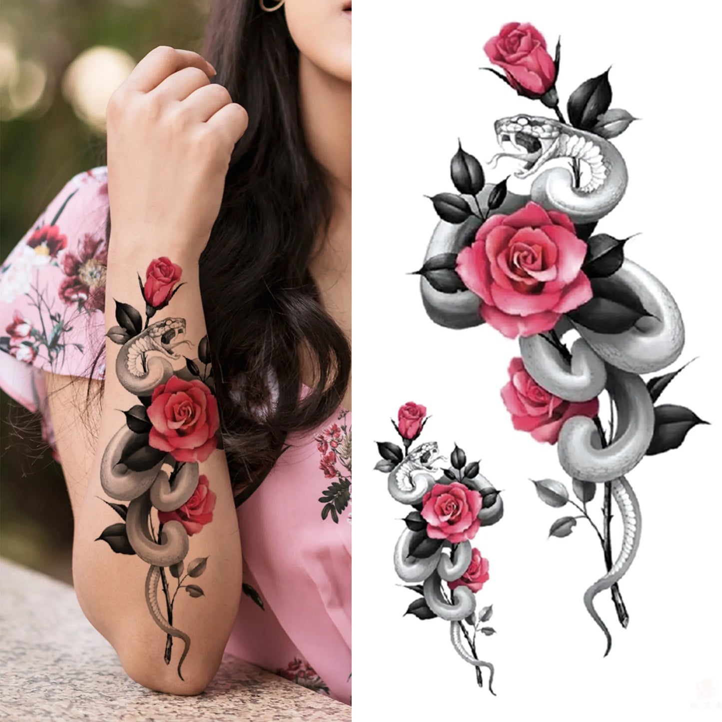 sengpan Death Skull Flower Temporary Tattoo For Women Girls Snake Bird Peony Tattoo Sticker Black Fake Blossom Sexy Tatoo Transfer Adult