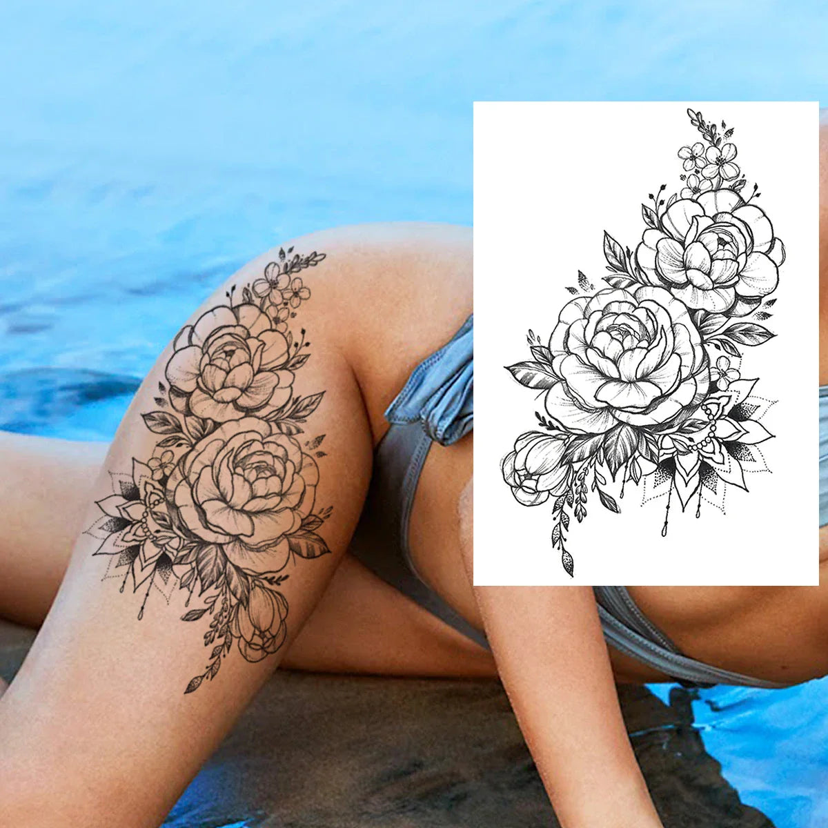 sengpan Sexy Flower Temporary Tattoos For Women Body Art Painting Arm Legs Tattoos Sticker Realistic Fake Black Rose Waterproof Tattoos