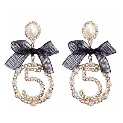 sengpan Korea Dongdaemun Fashion Ribbon Bow Pearl Number 5 Big Circle Drop Earrings Long Pendients jewelry For Woman