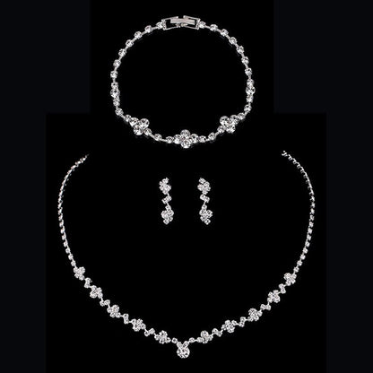 sengpan Silver Color Simple Crystal Bridal Jewelry Sets Long Drop Necklace Earrings Bracelet Set for Women Wedding Jewelry Sets