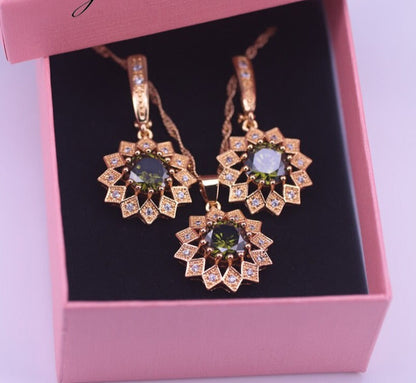 sengpan Risenj gold Bridal crystal Jewelry Sets Heart Green Cubic Zircon Earring Necklace chain Jewelry Sets for Women girls gift