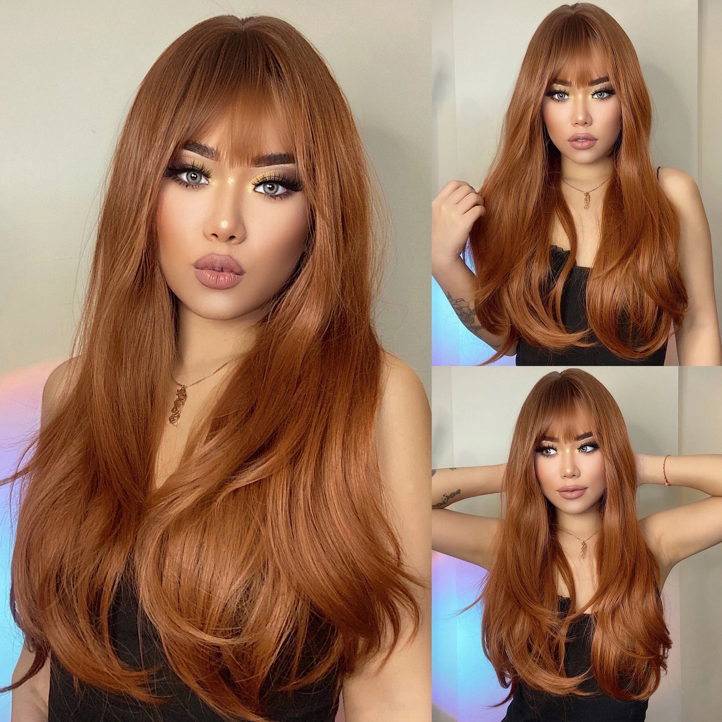 sengpan Orange Blonde Ombre Long Wavy Synthetic Wigs with Bangs Party Cosplay Wig for Women Natural Fake Hair Heat Resistant