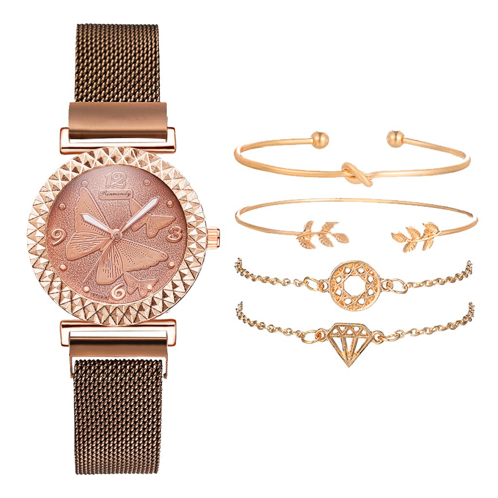 sengpan christmas wishlist valentines day gifts hot sale new Fashion 5pcs Set Bracelet Watch For Women Magnetic Buckle Butterfly Pattern Elegant Pink Ladies Wrist Watch Set Relogio Feminino