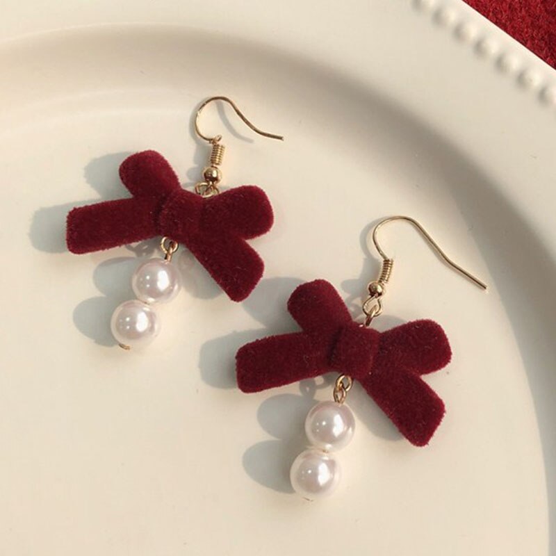 sengpan Christmas gifts ideas Red Style Charm Circle Pearl Drop Earrings Love Heart Bow Earrings For Women Girls Party Gift Korean Fashion Wedding Jewelry