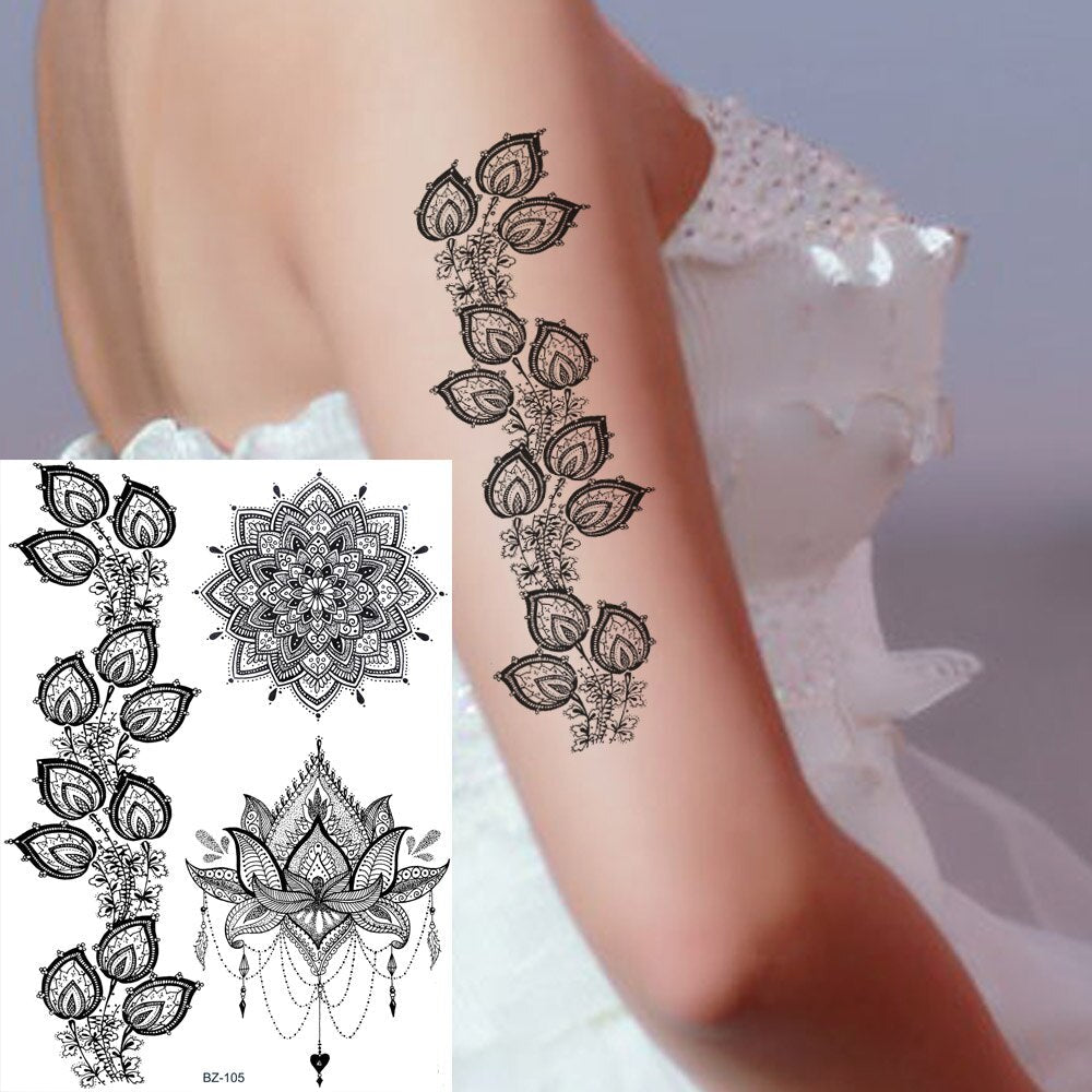 sengpan western jewelry for women Black Henna Lace Temporary Tattoos Sticker For WOmen Butterfly Moth Mehndi Flower Fake Tatoo Sticker Feather Flora Tatoo