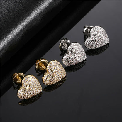 sengpan Hip Micro 1Pair Heart Shape Pave Baguette Cubic Zircon Stone Ice out Stud CZ Earring Bling Copper Earrings For Women Men Jewelry