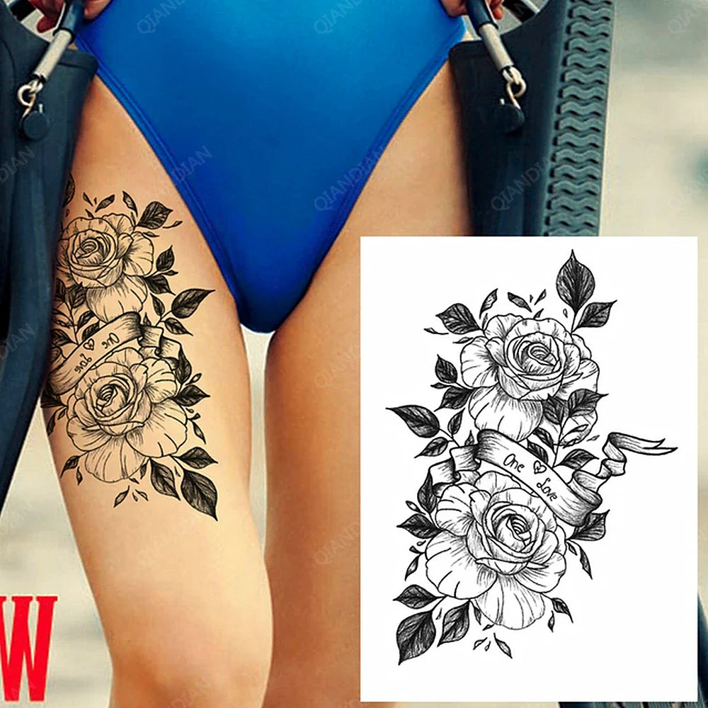 sengpan Black Flower Rose Waterproof Temporary Bird Snake Sexy Body Arm Leg Gem Henna Tattoo Fashion Big Fake Sleeve Sticker