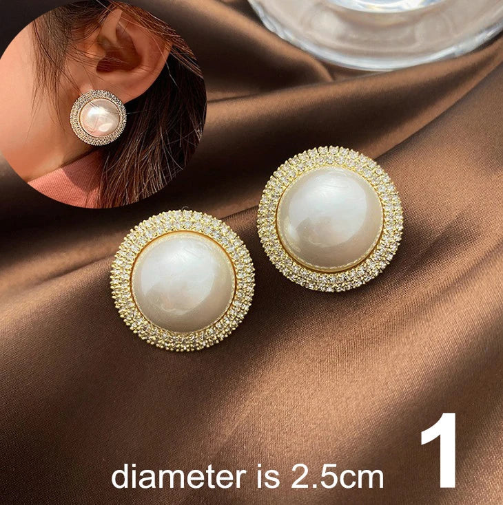 sengpan Geometric Big Round Sud Earrings for Women Bijoux Exquisite Pearl Studs Rhinestone Earrings Statement Earrings Jewelry Gifts