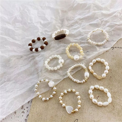 sengpan Korean Retro Natural Pearl Shell Beaded Ring For Women Fashion Party Finger Ring Jewelry Women Gift