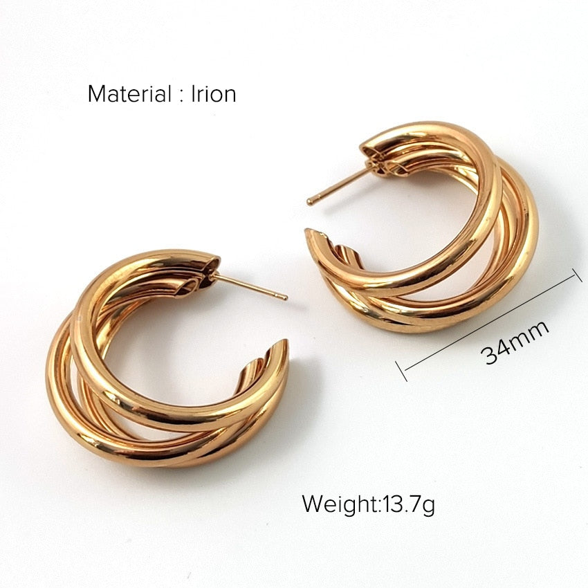 sengpan INS Gold Color Brass Hoop Huggies Earrings Small Large Circle Hoops CC Shape Statement Earrings Women Girls Unique Metal Jewelry