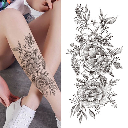 sengpan Black 3D Rose Temporary Tattoo For Women Girls Adult Peony Dahlia Flower Tattoos Sticker Black Flora Glory Geometric Arm Tatoos