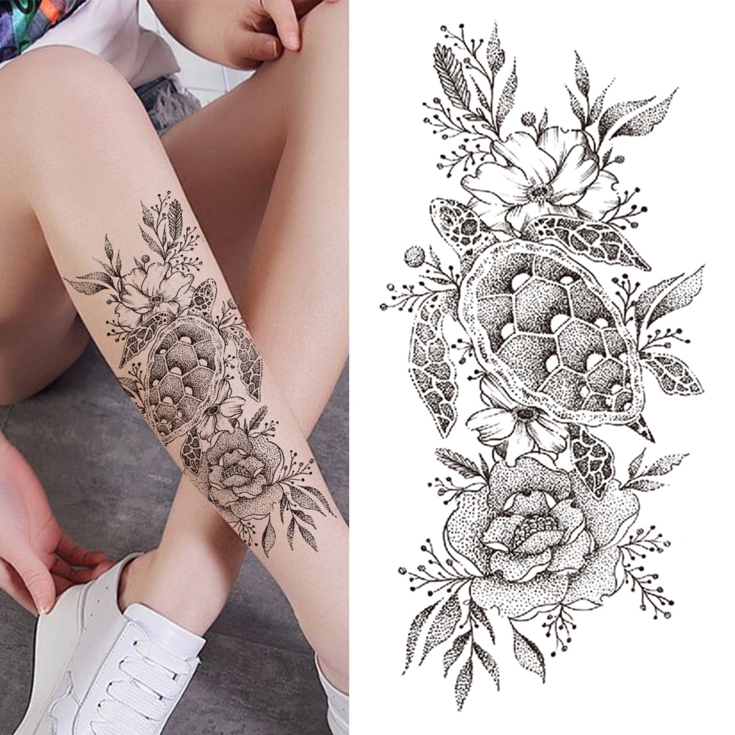 sengpan Black 3D Rose Temporary Tattoo For Women Girls Adult Peony Dahlia Flower Tattoos Sticker Black Flora Glory Geometric Arm Tatoos