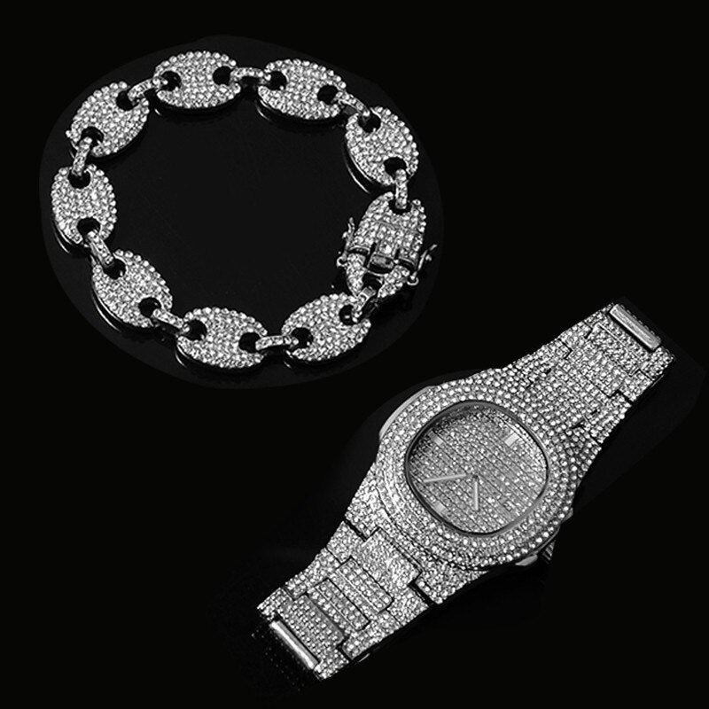 sengpan Christmas wishlist 3pcs Watch +Chain+Bracelet HIPHOP Iced Out Alloy Bean Rhinestone Necklace Chain Bling Necklaces Men Jewelry