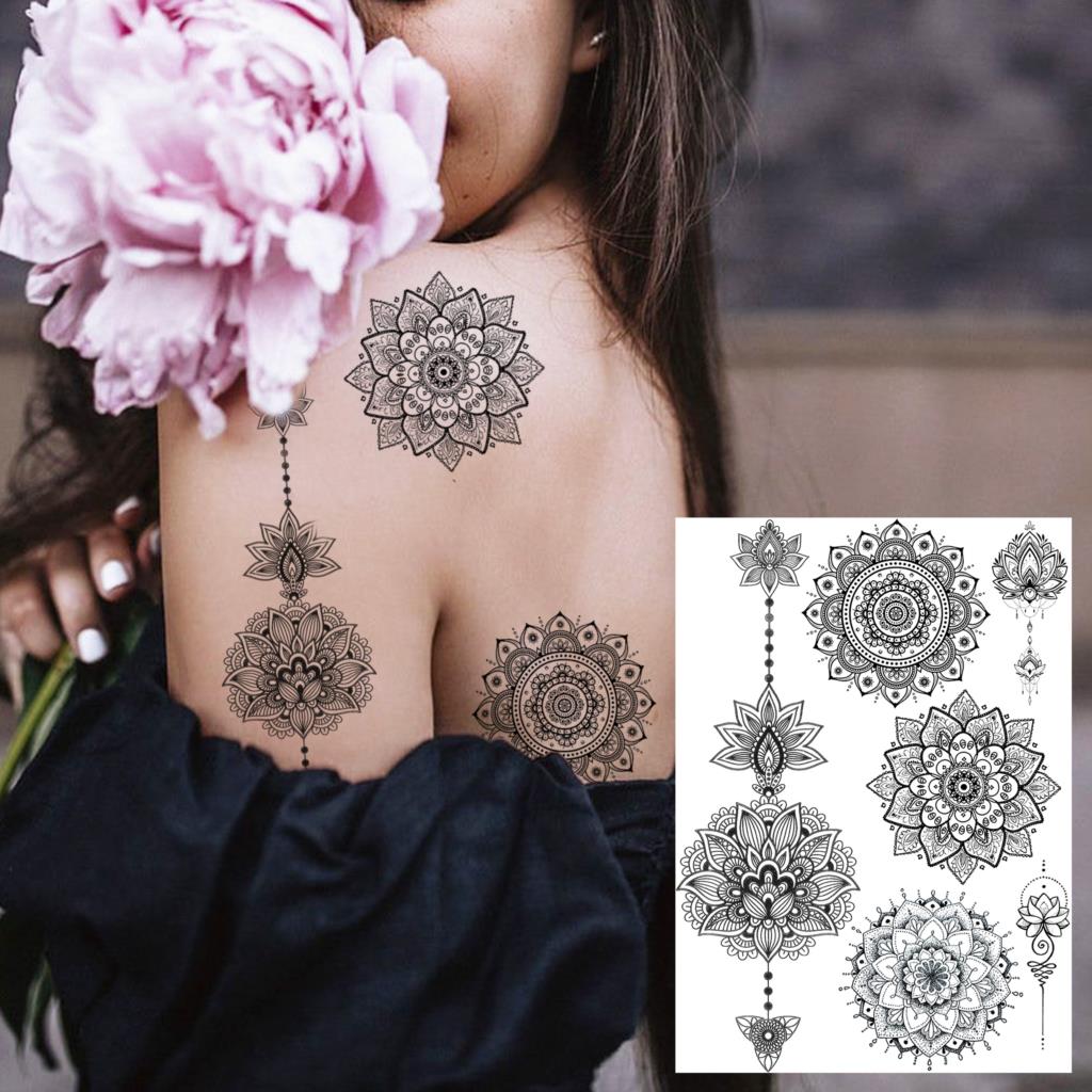 sengpan western jewelry for women Black Henna Lace Temporary Tattoos Sticker For WOmen Butterfly Moth Mehndi Flower Fake Tatoo Sticker Feather Flora Tatoo