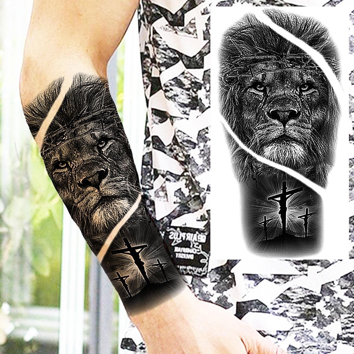 sengpan Praying Lion Cross Temporary Tattoos For Men Women Clown Wolf Tiger Flower Compass Fake Tattoo Sticker Forearm Waterproof Tatoos