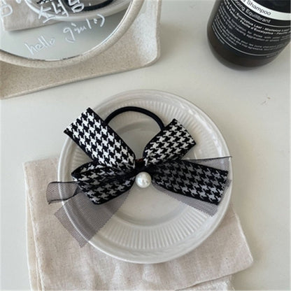 sengpan New Retro Pearl Bow Houndstooth Headband Sweet Black Rubber Band Lace Elasticity Head Rope for Women Girl Hair Accessories