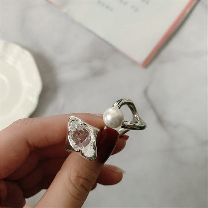 sengpan European Silver Color Metal Imitated Pearl Hollow Ring Irregular Geometric Open Stitching Rings for Women Party Accessories