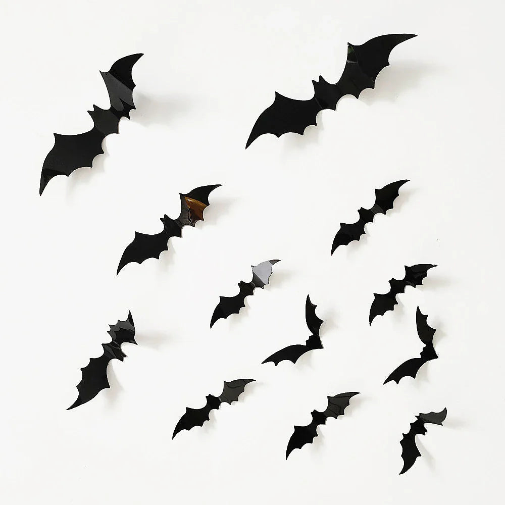 sengpan 12pcs/pack Halloween Black Bat Wall Stickers 3D Stickers Living Room Background Wall Decoration Red Bat Stickers Wholesale