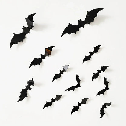 sengpan 12pcs/pack Halloween Black Bat Wall Stickers 3D Stickers Living Room Background Wall Decoration Red Bat Stickers Wholesale