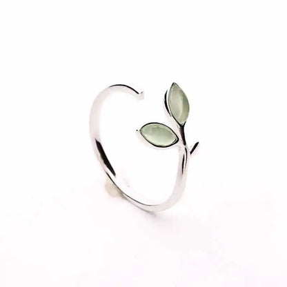 sengpan Hot Sale Korean Green Opal Leaf Leaves 925 Sterling Silver Open Rings for Women Girls Ladys Fashion Jewelry Gift YRI135