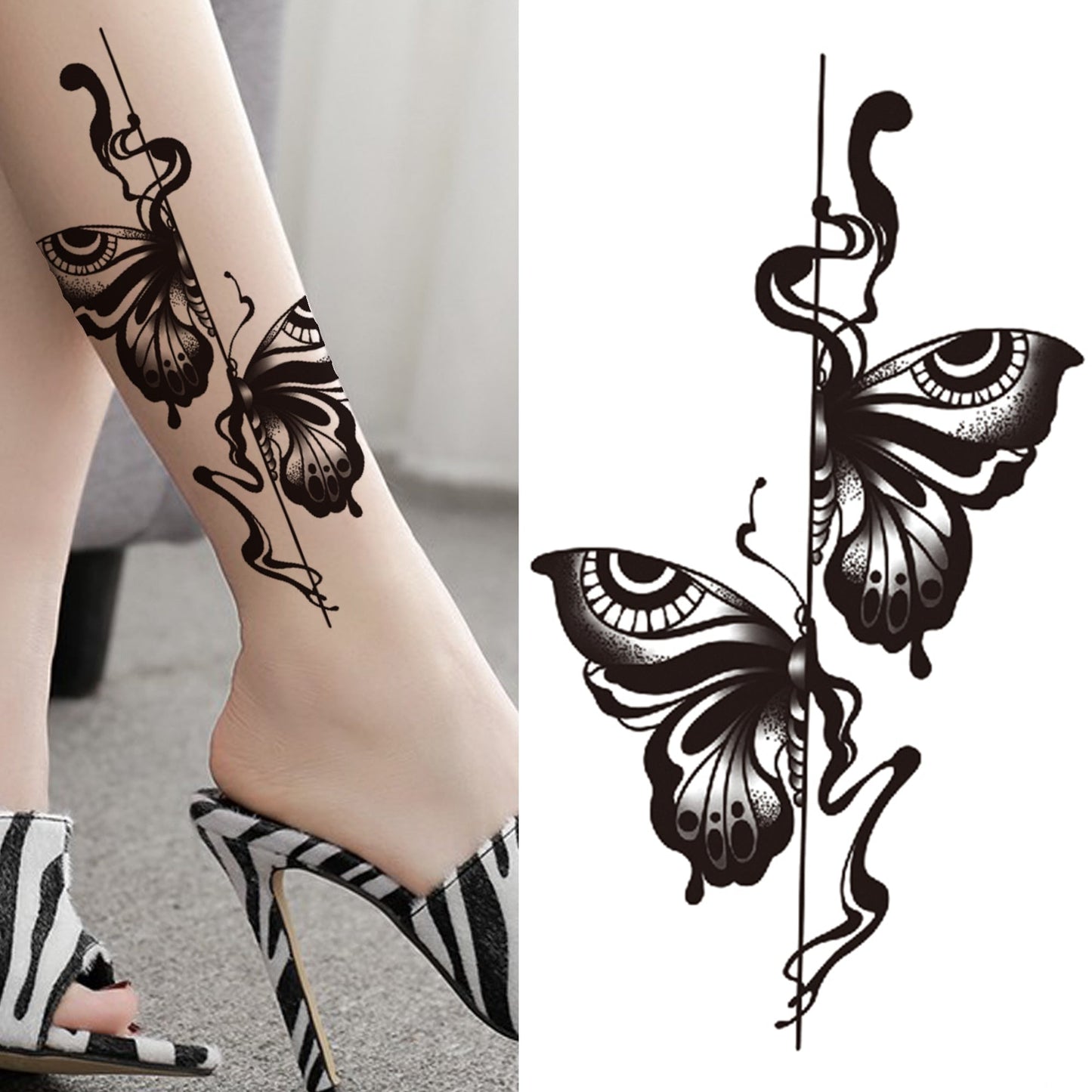 sengpan Lotus Flower Temporary Tattoo For Women Girls Snake Peony Lily Rose Chains Tattoos Sticker Black Blossom Fake Transferable Tatoo