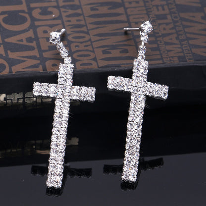 sengpan Bridal Crystal Cross Shape Long Earrings Sparkly Silver Color Rhinestone Dangle Earrings For Women Wedding Jewelry Gifts