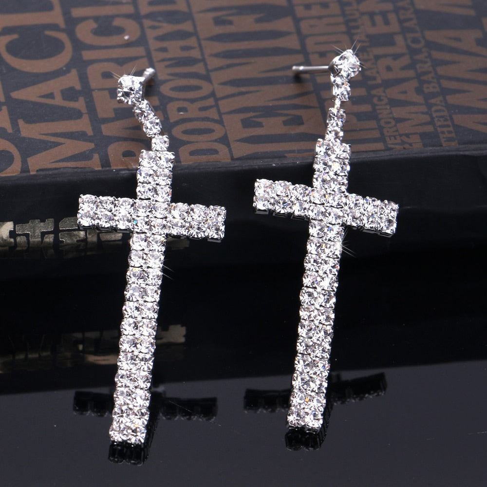 sengpan Bridal Crystal Cross Shape Long Earrings Sparkly Silver Color Rhinestone Dangle Earrings For Women Wedding Jewelry Gifts