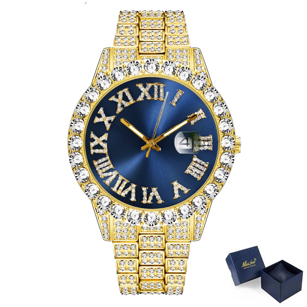 sengpan Disaster Prevention Jewelry Iced Out Watch Men Hip Hop Luxury Fully Bling Diamond Quartz Mens Watches Blue Face Waterproof AAA CZ Relojes