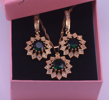 sengpan Risenj gold Bridal crystal Jewelry Sets Heart Green Cubic Zircon Earring Necklace chain Jewelry Sets for Women girls gift