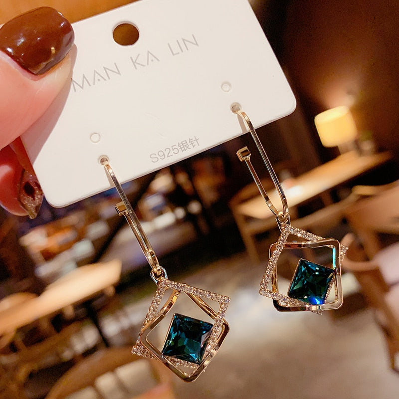 sengpan Korean fashionable temperament hollow-out geometric blue crystal earring new fashionable personality exaggerated earrings female